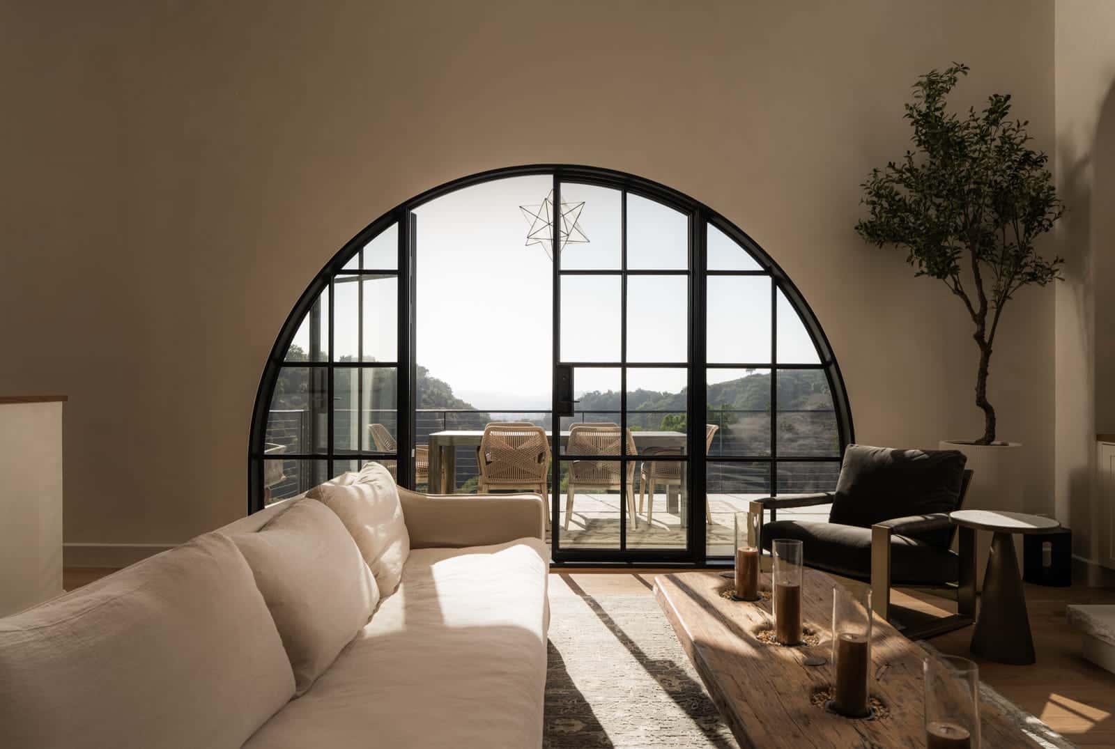 An arched plaster living room in Mission Canyon.
